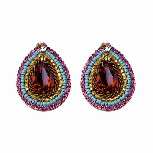 Brinco perla com cordão, strass e miçangas coloridas