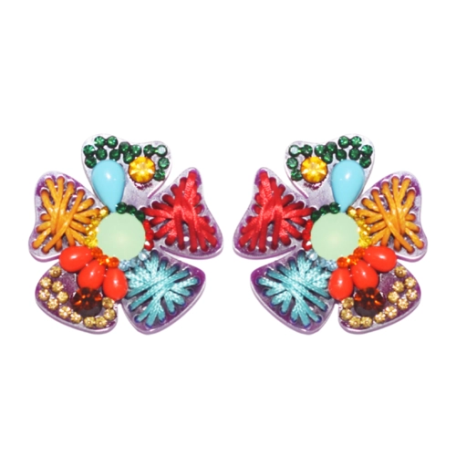 Brinco bordado flor multicolor com strass