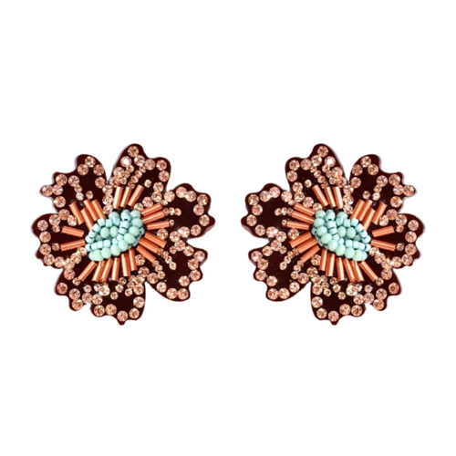 Brinco flor com strass rosa e miçangas