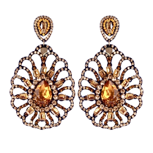 Brinco luxuoso dourado com pedra gota ambar e cristais