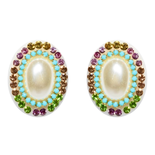 Brinco oval com pérola e strass colorido feminino delicado e vintage chic