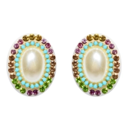 Brinco oval com pérola e strass colorido feminino delicado e vintage chic