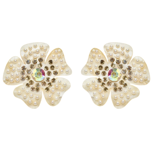 Brinco flor com pérolas e cristal dourado feminino romântico e elegante