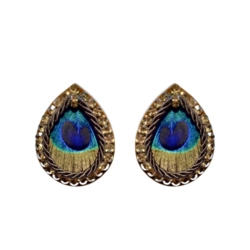 Brinco gota com estampa de pena de pavão e strass dourado estilo boho chic