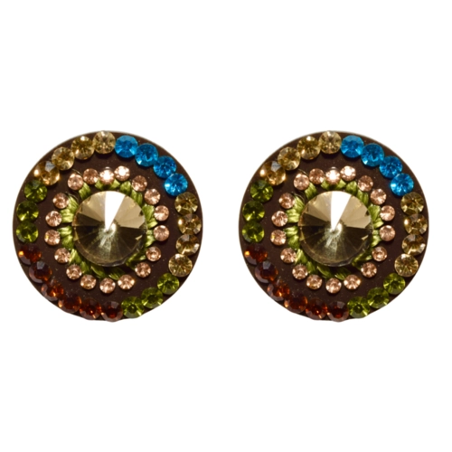 Brinco circular luxo colorido com cristal central delicado e feminino