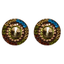 Brinco circular luxo colorido com cristal central delicado e feminino