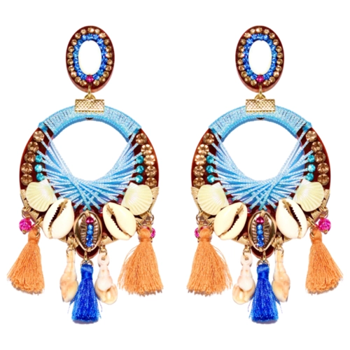 Brinco boho praia azul dourado com conchas naturais e fios de seda