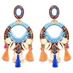 Brinco boho praia azul dourado com conchas naturais e fios de seda