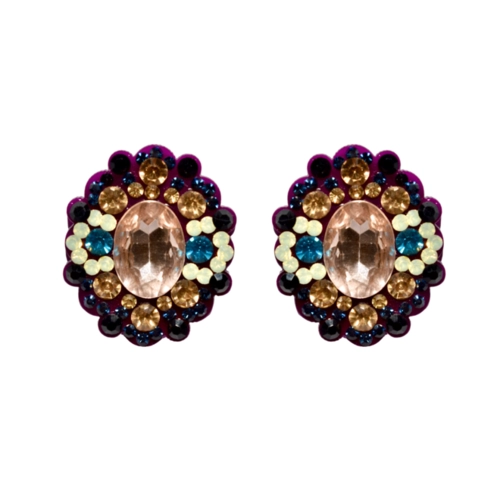 Brinco oval com cristal central rosa e strass coloridos estilo elegante
