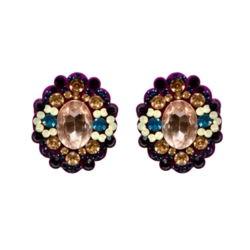 Brinco oval com cristal central rosa e strass coloridos estilo elegante