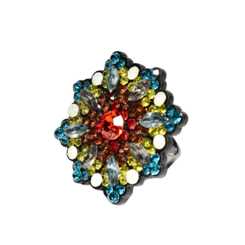 Anel geométrico com cristais coloridos e estilo floral feminino sofisticado