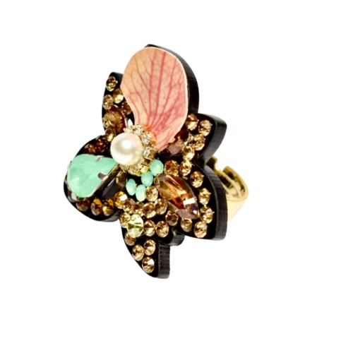 Anel floral em tons dourados dégradé com detalhe em pérola elegante