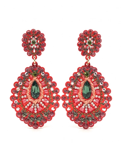 Brinco vermelho com bordado e cristal verde – peça feminina luxuosa e chique