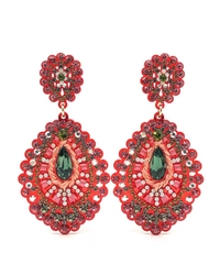 Brinco vermelho com bordado e cristal verde – peça feminina luxuosa e chique