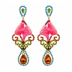 Brinco multicolorido com bordado rosa e cristal gota – feminino, chique e moderno