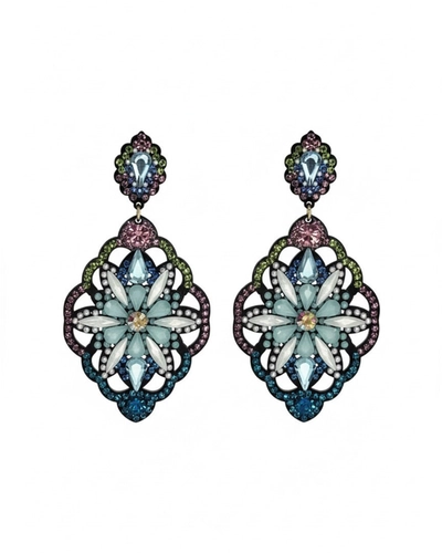 Brinco flor azul com pedrarias e strass colorido – feminino, moderno e elegante