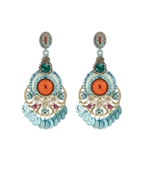 Brinco colorido com strass azul, medalhas e flores resinadas estilo boho chic
