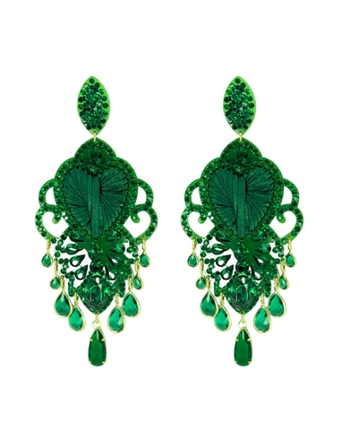 Maxi brinco verde esmeralda com cristais em gota e detalhes pendentes luxuoso