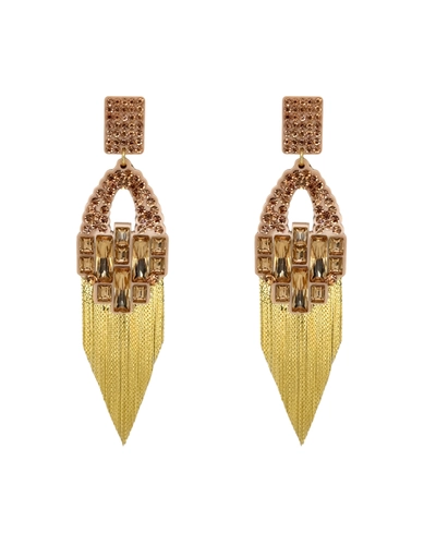 Maxi brinco dourado com cristais champagne e franjas longas