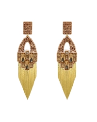 Maxi brinco dourado com cristais champagne e franjas longas