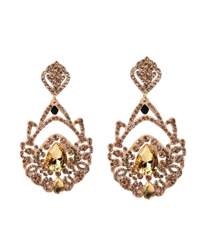 Maxi brinco dourado com cristais champagne e pedra amarela feminino luxuoso