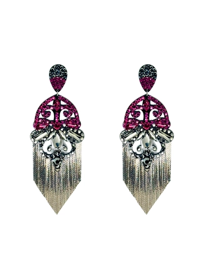 Brinco longo pink com franjas e strass grafite luxuoso para festas