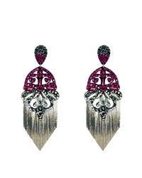 Brinco longo pink com franjas e strass grafite luxuoso para festas