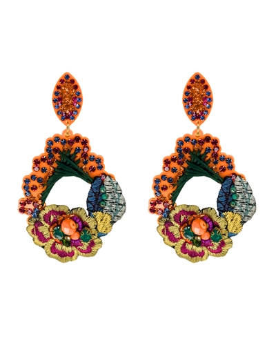 Brinco bordado floral colorido com strass laranja artesanal luxuoso
