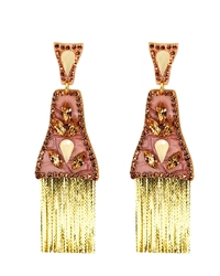 Brinco longo rosé com strass e franjas douradas luxuoso para festas