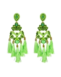 Brinco verde com strass e franjas longas chique e impactante