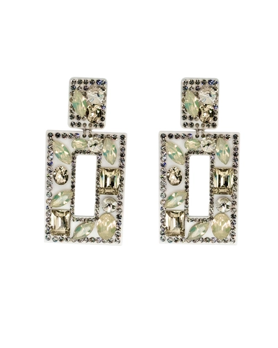 Brinco retangular branco com cristais e strass luxuoso ideal para presente