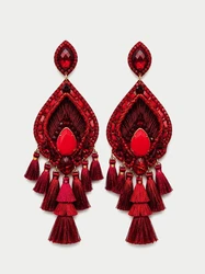 Brinco Grande Chandelier Vermelho com Franjas e Cristais Festa